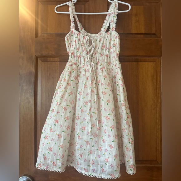 Cream Smocked Sundress with Picot Lace Detail - Picture 1 of 8